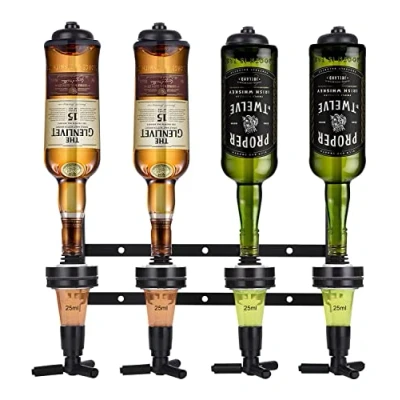 Afbeelding van Soulpala Bar butler, flessenhouder en doseerder, wandflessenhouder voor 4 flessen, bar, accessoires, drankdispenser, huisbar, cocktailbar, borreldispenser (zwart)