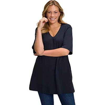 Afbeelding van Ulla Popken Vrouwen Plus Size Relaxed Fit Katoen Jersey Tee Navy 20/22 515283 71, Donkerblauw,