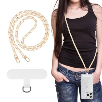 Afbeelding van MoKo Metal Cell Phone Chain Crossbody Strap Anti Theft Detachable Women Cellphone Lanyards Around The Neck with Patches for iPhone, Most Smartphones, Universal Lanyard, White