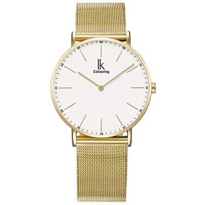 Afbeelding van Alienwork Horloge Heren Dames Gouden Tone Mesh Armband wit Ultradun