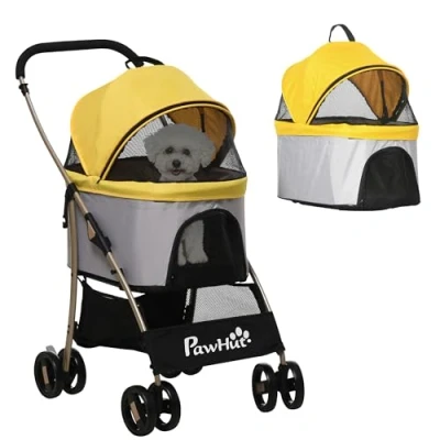 Afbeelding van PawHut Hondenkar, 2 in 1 Hondenbuggy, Draagtas, Opvouwbare Hondenbuggy met Kussen, Kattenkar voor Kleine Honden, Katten, Kattenbuggy 4 Wielen, Netraam, Oxfordstof, Geel