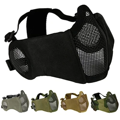 Afbeelding van AOUTACC Airsoft Mesh masker, half gezichtsmasker met gehoorbescherming voor CS / jacht paintball schieting zwart
