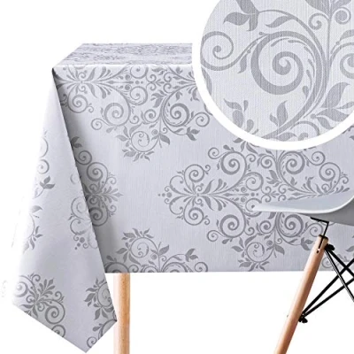 Afbeelding van KP HOME PVC afwasbaar tafelkleed rechthoekig tafelzeil 118 x 139,7 cm 300 140 orient barok oliedoek plastic afveegbaar eetkamer waterdicht in zilvergrijs