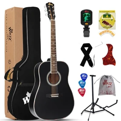 Afbeelding van Winzz Akoestische Gitaar Beginnersset Halve Grootte Archaistisch met Gitaartas, Cliptuner, Riem, Peddel, Extra Snaar en Gitaarstandaard 41&quot; Matzwart