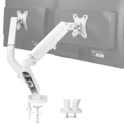 Afbeelding van VIVO Scharnierende dubbele 17 tot 27 inch pneumatische veerarm klembevestiging voor 2 monitorschermen met Max VESA 100 x 100, wit (STAND V102OW)