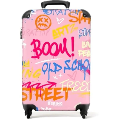 Afbeelding van NoBoringSuitcases.com® Handbagage koffer lichtgewicht Reiskoffer trolley Roze achtergrond met kleurrijke graffiti Rolkoffer wieltjes Past binnen 55x40x20 en 55x35x25