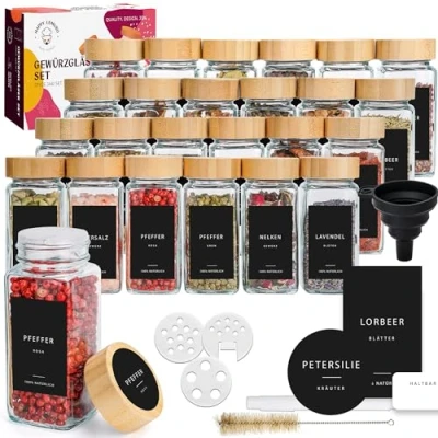 Afbeelding van Happy Lemuro Kruidenpotjes met strooiinzet [24 x 120 ml] 303 etiketten in het Duits Kruidenpotje deksel van bamboe. Kruidenpotjes, vierkant, set 24, organizer voor bewaren