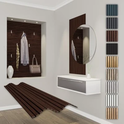 Afbeelding van HEXIM Akoestische panelen, 118 x 60 cm, flexibele lamellenwand, hout, mdf wandpanelen, wandbekleding, binnendecoratie, geluidsisolerend (1 paneel, 0,708 m² Catania Oak APF13)