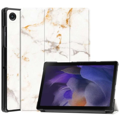 Afbeelding van Samsung Galaxy Tab A8 Hoes: iMoshion Design Trifold Bookcase White Marble Kunstleder Tablet Hoezen