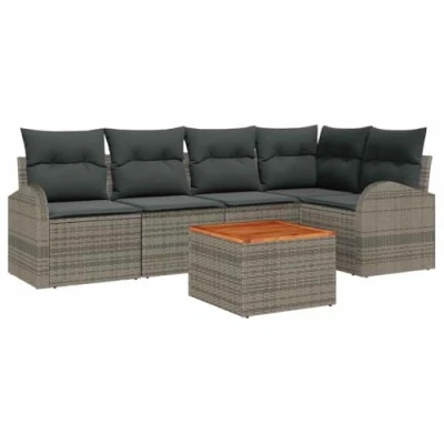 Afbeelding van vidaXL 6 delige Tuin Sofa Set met Kussens Grijs Poly Rattan Acacia, 2 zits Opslag &amp;