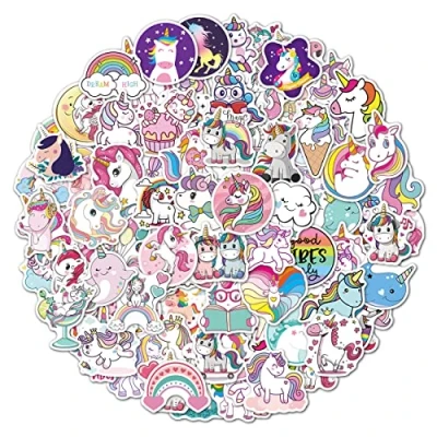 Afbeelding van Kawaii Eenhoornstickers, waterdicht, vinyl eenhoornstickers voor laptop, waterfles, skateboard, fiets, helm, gitaar, reiskoffer, bagage, meubels, scrapbook, telefoonhoes, 100 stuks