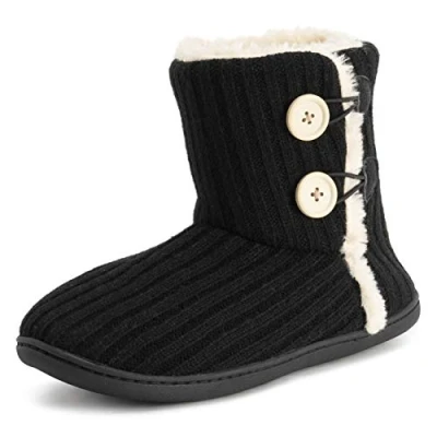 Afbeelding van Polar Dames Memory Foam Gebreide Knop Nepbont Buiten Rubber Zool Pluche Winter Comfort Slippers Zwart UK8 / EU41 YC0716