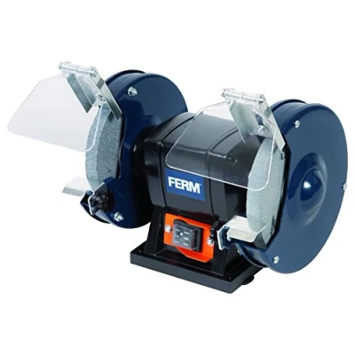 Afbeelding van FERM BGM1019 Tafelslijpmachine 2 Slijpstenen K36 Grof Slijpen K60 Afbramen 150W Stofdichte schakelaar Vonkvangers Leunspanen Veiligheidsbril Monteerbaar op Werkbank