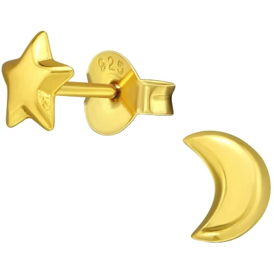 Afbeelding van JoyS Zilveren ster maan oorbellen 5 x 6 mm 14k goudplating
