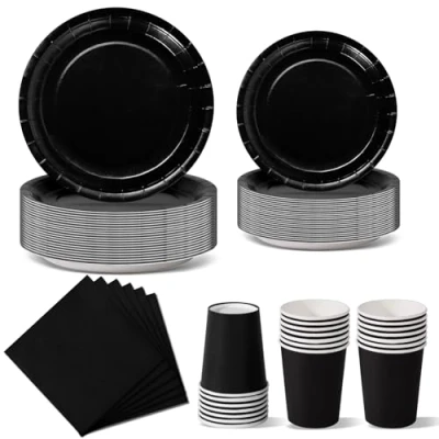 Afbeelding van Nkaiso Dambini Partyservies, 96 stuks, zwart, decoratie, meisjes, verjaardag, dambini, feestartikelset, inclusief wegwerpborden en papieren gooien, feestbekers, servetten 24 gasten