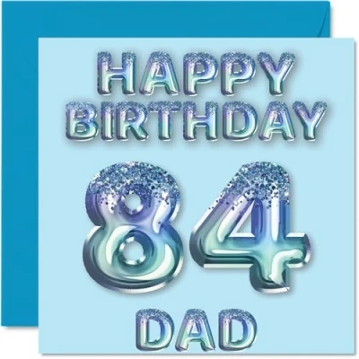 Afbeelding van 84e verjaardagskaart voor papa blauwe glitter feestballonnen gelukkige verjaardagskaarten 84 jarige vader van zoon dochter, 145 mm x cadeau