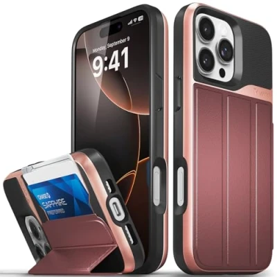 Afbeelding van VENA vCommute voor iPhone 16 Pro Max portemonneehoesje, [valbescherming van militaire kwaliteit] lederen flip hoesje sleuf kaarthouder met standaard roségoud/rood