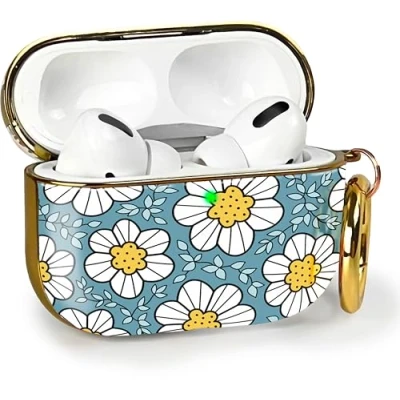 Afbeelding van MyGadget Hardcase hoes [bloemenmotief] compatibel met Apple AirPods Pro (2e Gen 2022) Qi karabijnhaak led licht zichtbaar blauw