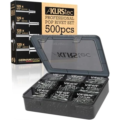Afbeelding van KLRStec Professionele blindklinknagel set (500 stuks) aluminium/staal popnagels voor Klinknageltang, 125 stuks van elke maat (2,4 mm, 3,2 4,0 mm en 4,8 mm)