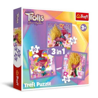 Afbeelding van TreflTrolls Band Together, Maak kennis met de vrolijke trollenPuzzel 3 in 1, puzzels van 20 tot 50 stukjesKleurrijke puzzel helden uit cartoon,Plezier voor kinderen vanaf jaar