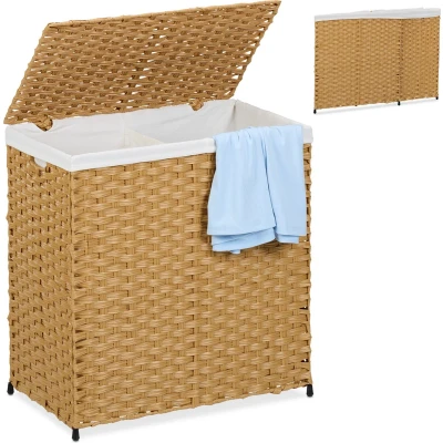 Afbeelding van Relaxdays wasmand met 2 vakken 110 liter rotanlook binnenzak bruin beige