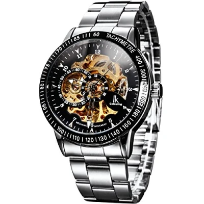 Afbeelding van Alienwork IK Automatisch Horloge Heren Dames Zilver Metalen Armband Zwart Skelet Glasbodem