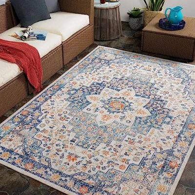 Afbeelding van SURYA Buitenkleed Balkon, Terras, Keuken Vintage Oosters Tapijt SELMA Blauw/Beige 120x170 cm
