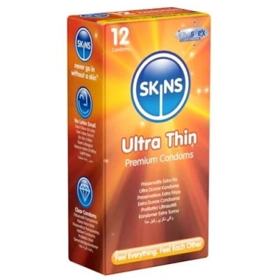 Afbeelding van SKINS Condoom, dunne condooms, multipack, geen latexgeur en extra smering, verpakking van 12 stuks
