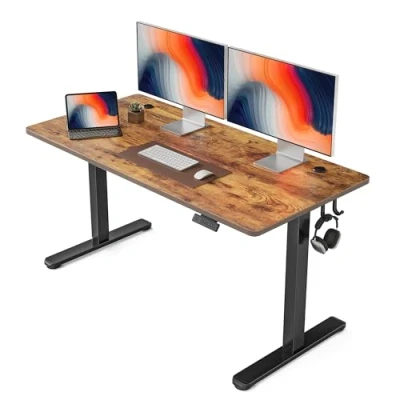 Afbeelding van FEZIBO elektrisch in hoogte verstelbaar bureau, bartafel 140 x 60 cm, sta bureau voor thuis en op kantoor met scheidingsbord, zwart frame/bruin afwerking