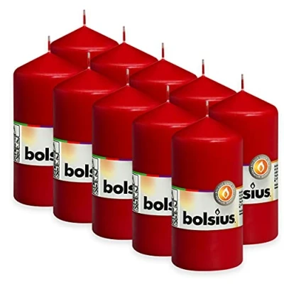 Afbeelding van Bolsius Gladde stompkaarsen rood set 10 stuks decoratieve huishoudelijke kaarsen lengte brandduur 33 uur ongeparfumeerd natuurlijke plantenwas 12 x 6 cm