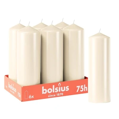 Afbeelding van Bolsius Gladde stompkaarsen, 6 stuks, 20 x 7 cm, decoratieve kaarsen voor huishouden, brandduur 75 uur, ongeparfumeerd, bevat natuurlijke plantenwas, zonder palmolie