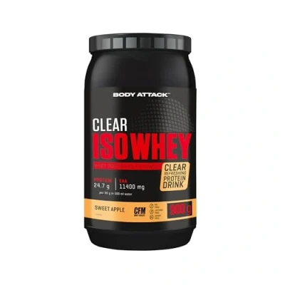 Afbeelding van Body Attack Clear Iso Whey Sweet Apple Flavour 900 g Made in Germany verfrissend, helder weiproteïne isolaat 24 eiwit en 11.400 mg EAAs* per Shake, suiker vetvrij