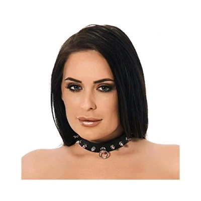 Afbeelding van Rimba Bondage Play Collar van leer 2.5 cm breed met O ring en versierd studs M/L