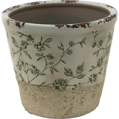 Afbeelding van Clayre &amp; Eef Bloempot Ø 12x10 cm Groen Wit Keramiek Rond Bladeren