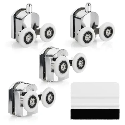 Afbeelding van Belle Vous Set van 4 of Shower Door Wheel Rollers Runners 23mm Diameter Zinc Alloy Wheels Twin for Glass Sliding Bathroom Replacement with Fixings &amp; Squeegee