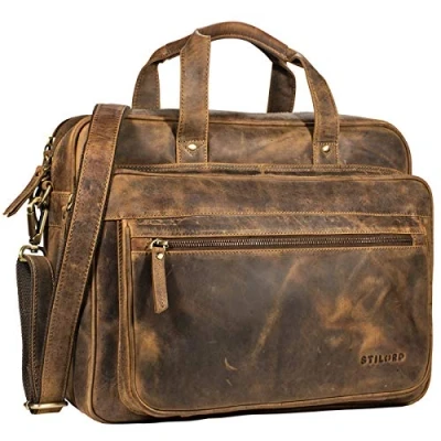 Afbeelding van STILORD &#039;Walt&#039; Leren Aktetas Vintage voor Heren Dames Laptoptas 15,6 Schoudertas Grote Business Tas Lerarentas Leer Werktas DIN A4, Kleur:middel bruin
