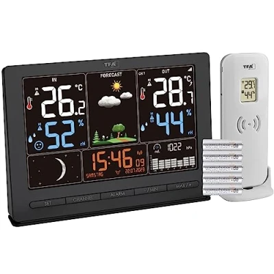 Afbeelding van TFA Dostmann Season 2 35.1118 Draadloos weerstation met buitensender, weersvoorspelling, kleurendisplay, temperatuur en luchtvochtigheid, incl. radioklok maanfase, zwart, batterijen