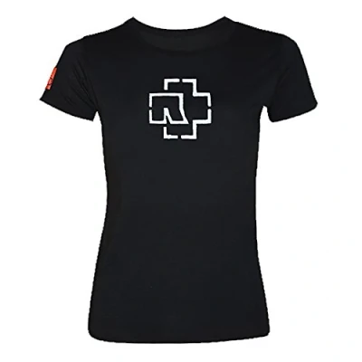 Afbeelding van Rammstein Dames Girlie Shirt Logo Glow, Officiële Band Merchandise Fan Zwart met witte voorkant en Back Print, zwart, S