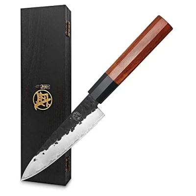 Afbeelding van MITSUMOTO SAKARI 14 cm Handgesmeed Schilmes, Japans Keukenmes Professioneel, Klein Koksmes (Palissander Handvat &amp; Geschenkdoos)