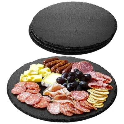 Afbeelding van Navaris 4x serveerplateau van natuurlijk leisteen Rond Ø28 cm Borrelplank met beschermende anti kraslaag Als kaasplank vleesplank of tapasplank