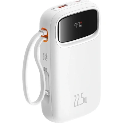 Afbeelding van Baseus 10.000 mAh Powerbank Fast Charge 20W USB C &amp; A Reisformaat Met Display Wit Universele voor o.a. Samsung / iPhone Geintegreerde en Lightning Kabel