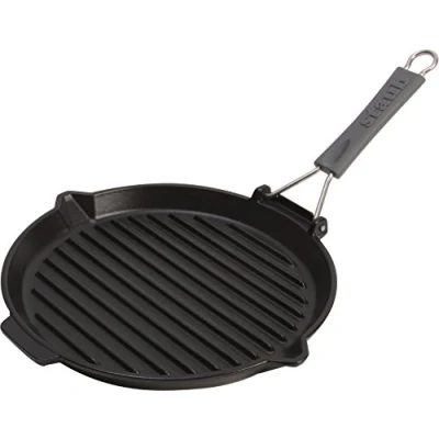 Afbeelding van Staub 1202023 grillpan rond met siliconen handvat 27 cm, matzwarte emaille coating binnenin de pan, zwart