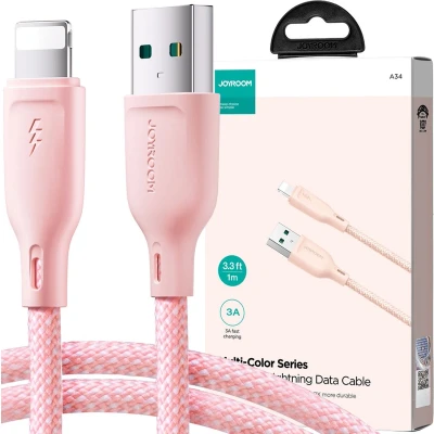 Afbeelding van Joyroom Multi Color Series SA34 AL3 USB A/Lightning 3A kabel 1m roze