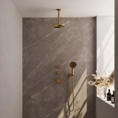 Afbeelding van Brauer Gold Edition Regendoucheset inbouw hoofddouche 20cm plafondarm 3 gladde knoppen handdouche rond standen PVD geborsteld goud