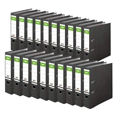 Afbeelding van Origineel DINOR Ordner Wolkenmarmer Recycling Made in Germany. 20 stuks 8 cm breed DIN A4 zwart dossiermap briefmap kantoormap kartonnen mapleufmap groen balk Blauwe Engel