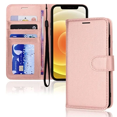 Afbeelding van TECHGEAR Beschermhoes voor iPhone 12, 12 Pro portemonnee, leren hoes met beschermklep, kaartsleuven, standaard en polsband, PU leer, roségoud, compatibel 12/12 6,1 inch