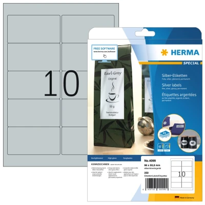 Afbeelding van Herma Zilverkleurige folie etiketten, A4, 96 x 50,8 mm, glanzend, weer