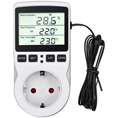 Afbeelding van Aprilye Temperatuurregelaar, 230 V, digitale thermostaat, stopcontact, stekkerthermostaat met sensor, timer, temperatuurstopcontact, verwarming, koeling voor broeikas, verwarmingsdeken, watertank