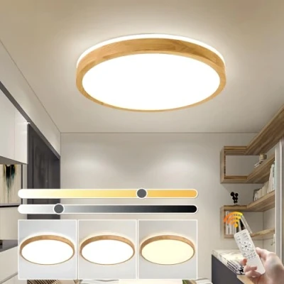 Afbeelding van YYUTLUO LED plafondlamp hout, top 360 gloed ronde natuurlijke houten lamp Dimbaar Met Afstandsbediening 2700K 6500K, 30W Woonkamer, eetkamer, hal, thuis, kantoor, kinderkamer (Ø40cm)