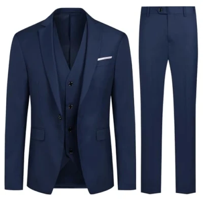 Afbeelding van Allthemen Herenkostuums, 3 delig, bruiloft, één knoop, slim fit, smokingjassen, pure kleur, formele jas, vest en broek, Marineblauw, L